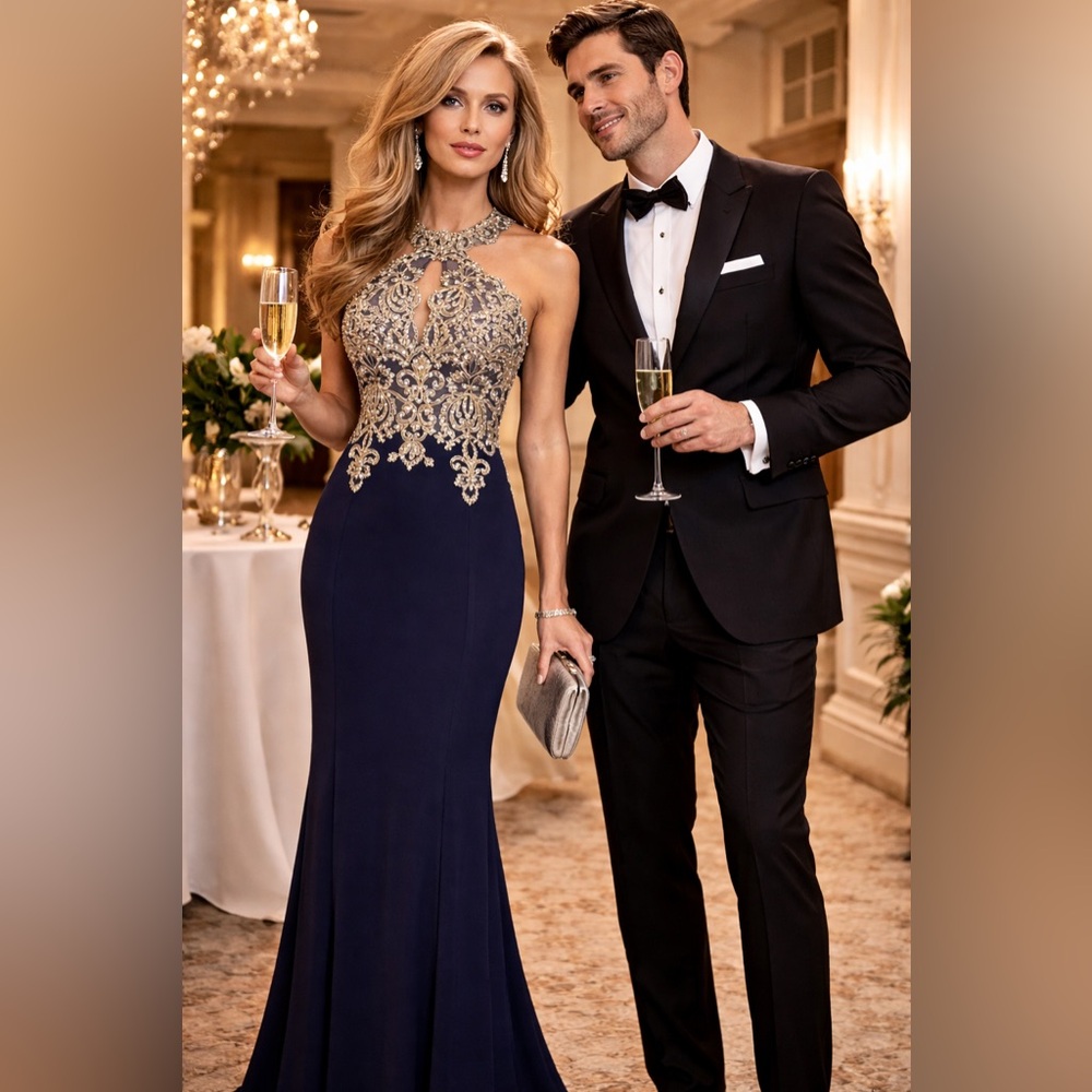 Xscape ,Stunning Navy & Beaded Gold Evening Gown, Gorgeous Halter Upper,